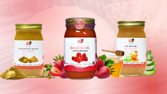 Three jars of the Healthy Herbs Store's sea moss gel in three flavors. The first is yellow dock and maca root, the center is strawberry, and the last is aloe vera and honey sea moss gel.