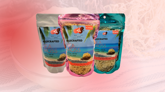 The Healthy Herbs Store's three sizes of wildcrafted sea moss raw in resealable pouch. Featuring the 4oz bag, the 16oz bag, and the 8oz bag.