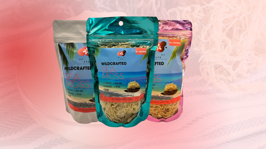The Healthy Herbs Store's three sizes of wildcrafted raw sea moss in resealable pouches. They are overlapping each other in the image.
