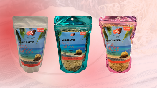 The Healthy Herbs Store's wildcrafted raw sea moss in resealable bags. The right is white and 4oz of sea moss, the center is the blue 8oz size, and the right is a pink bag for the 16oz size.