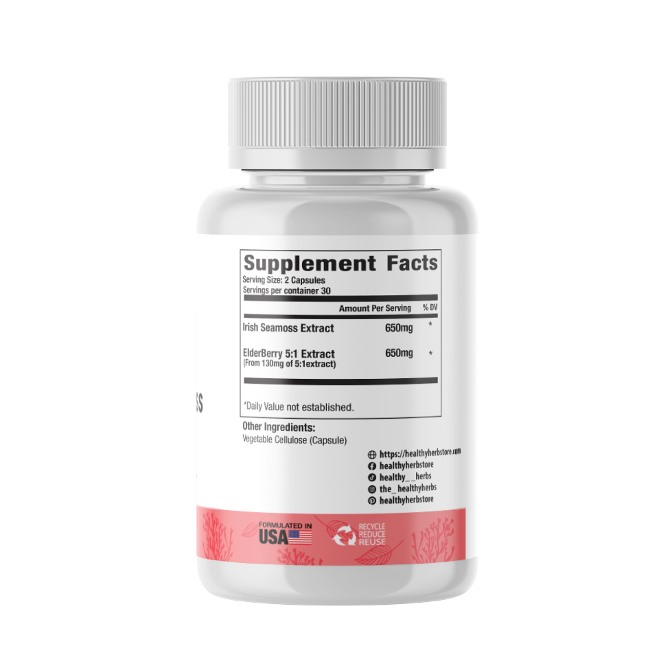 Healthy Herbs | Elderberry & Irish Sea Moss Extract - Immune and Thyroid Support 60 Capsules