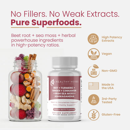 Beet Root, Turmeric, Ginger, Cinnamon, Sea Moss Extract, and Ashwagandha - Cardiovascular Support | Healthy Herbs