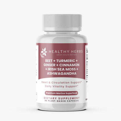 Beet Root, Turmeric, Ginger, Cinnamon, Sea Moss Extract, and Ashwagandha - Cardiovascular Support | Healthy Herbs