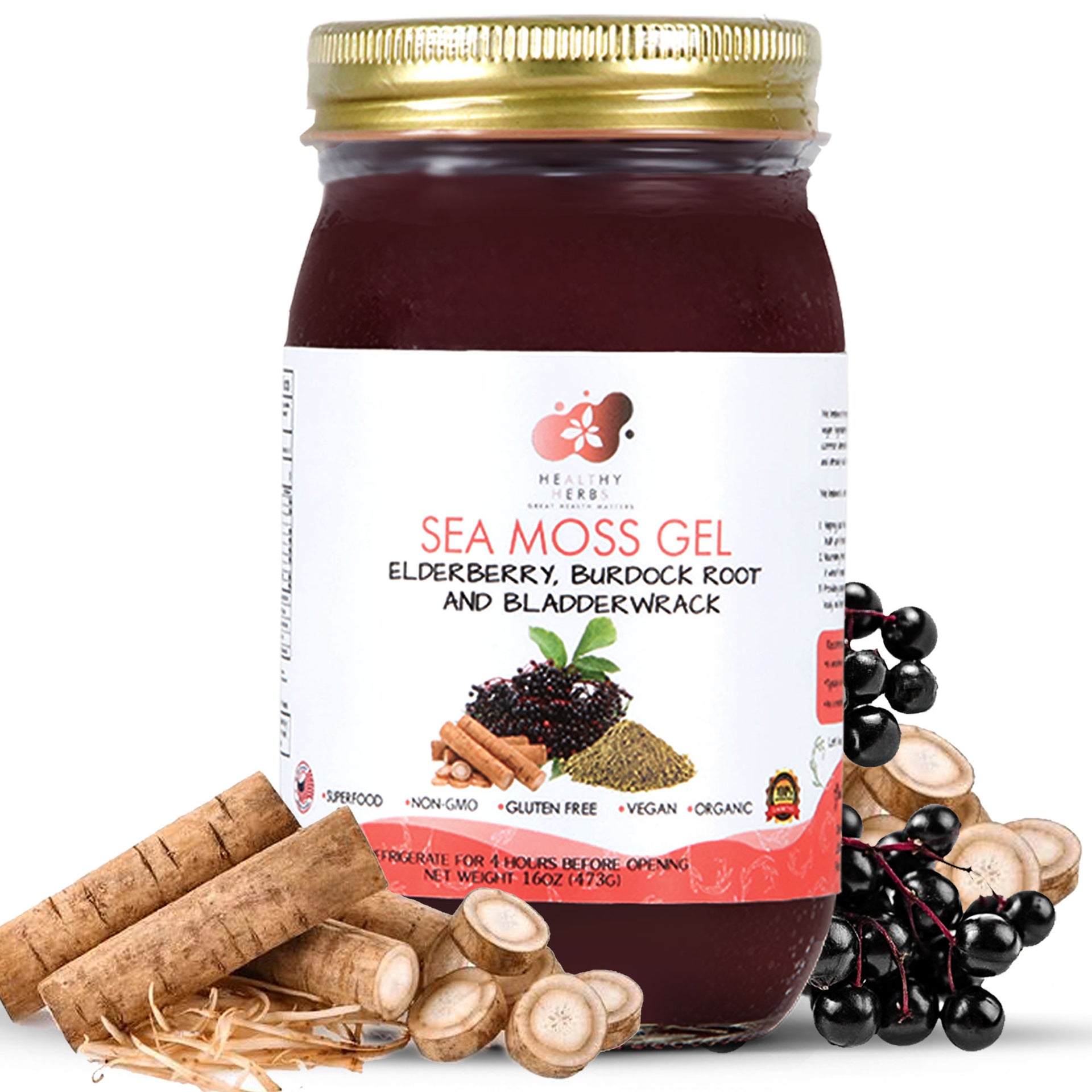 Healthy Herbs | Sea Moss Gel with Elderberry, Burdock Root and Bladderwrack (16oz)